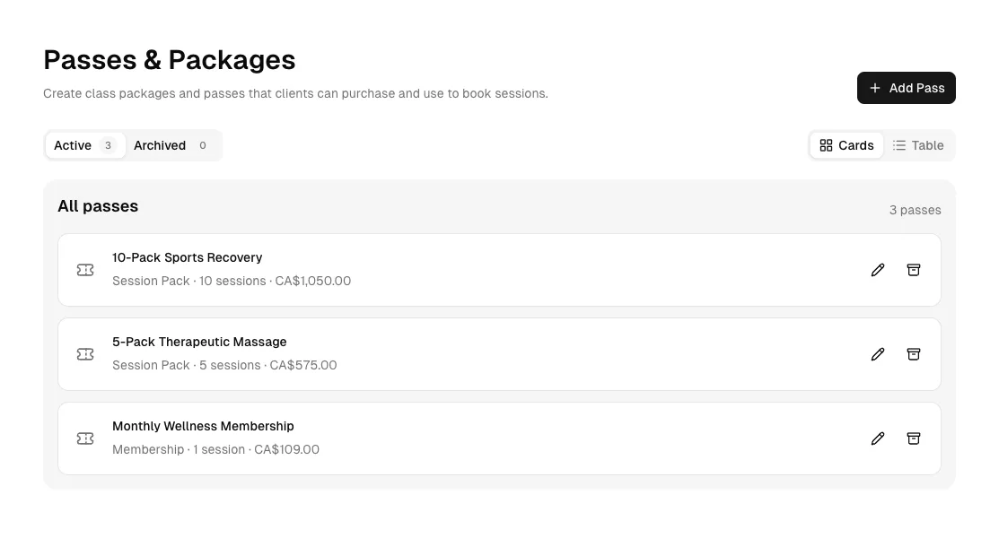 Massage packages and monthly membership plans with session counts and prices.