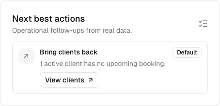 Analytics action suggesting a follow-up for an active client without an upcoming booking.