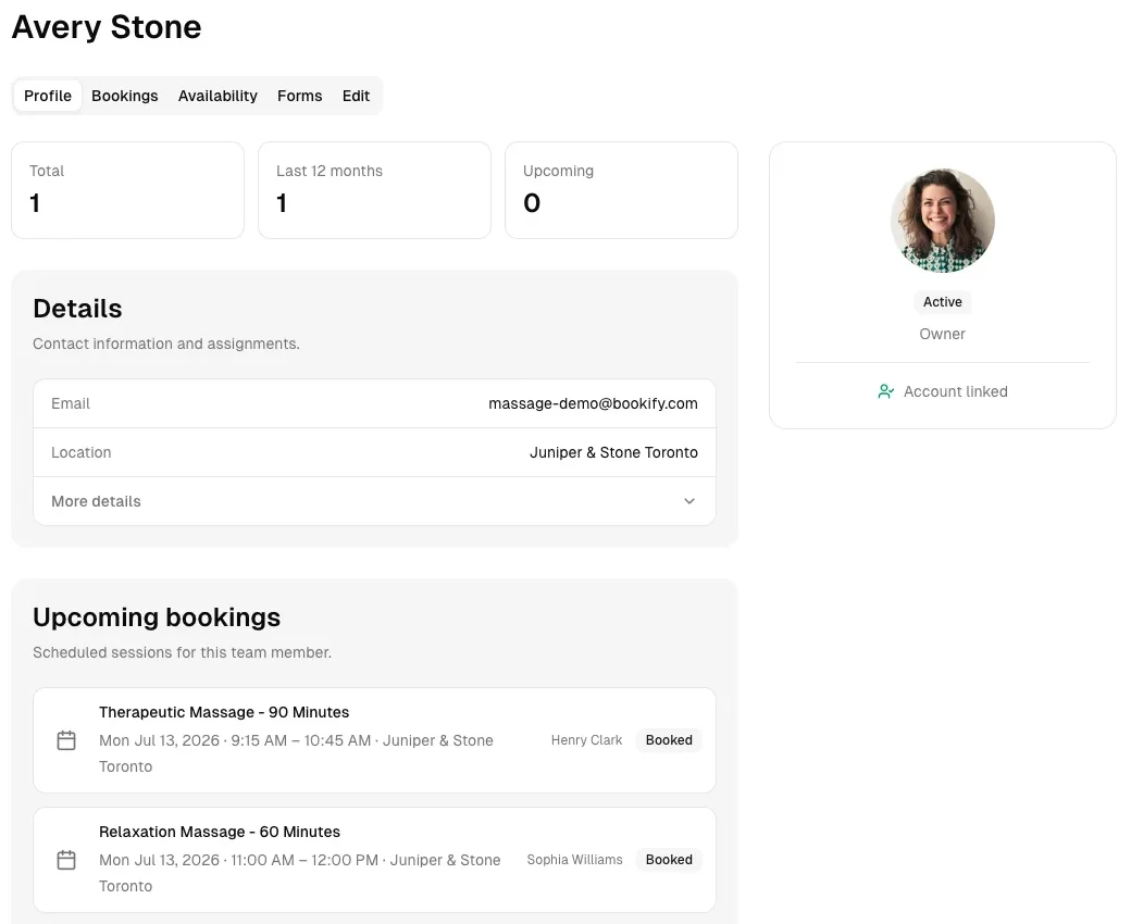 Massage therapy team profile with location details and upcoming practitioner bookings.
