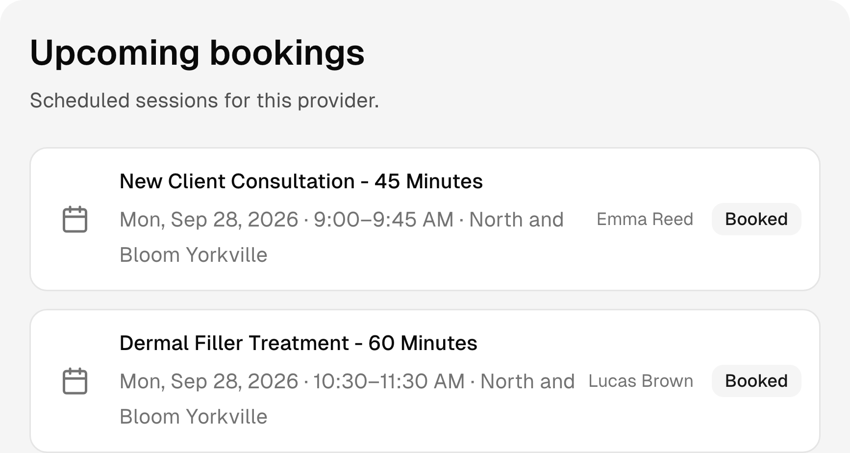 Upcoming medspa bookings with services, times, and status.