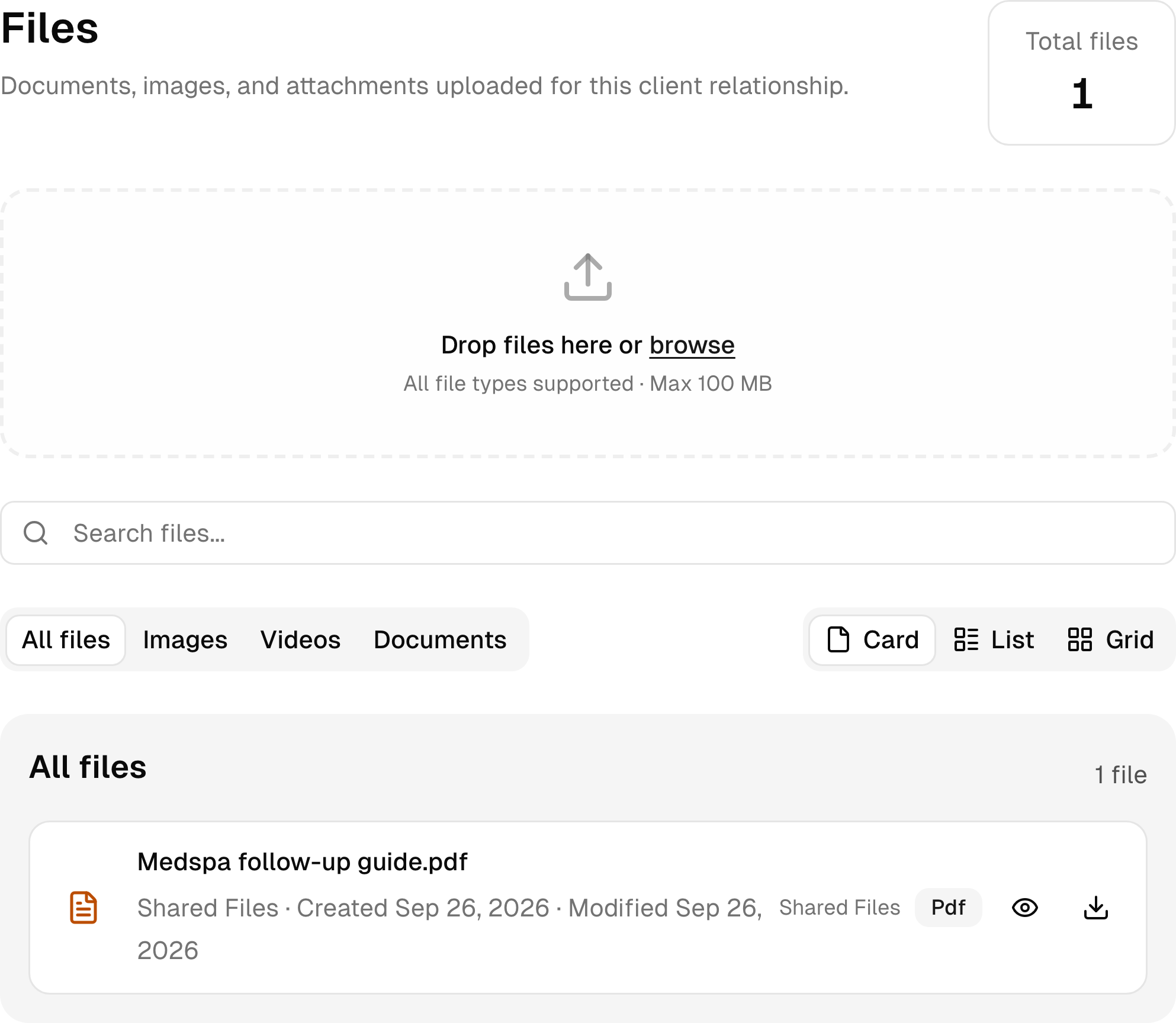 Documents and shared files in a sample medspa client workspace.