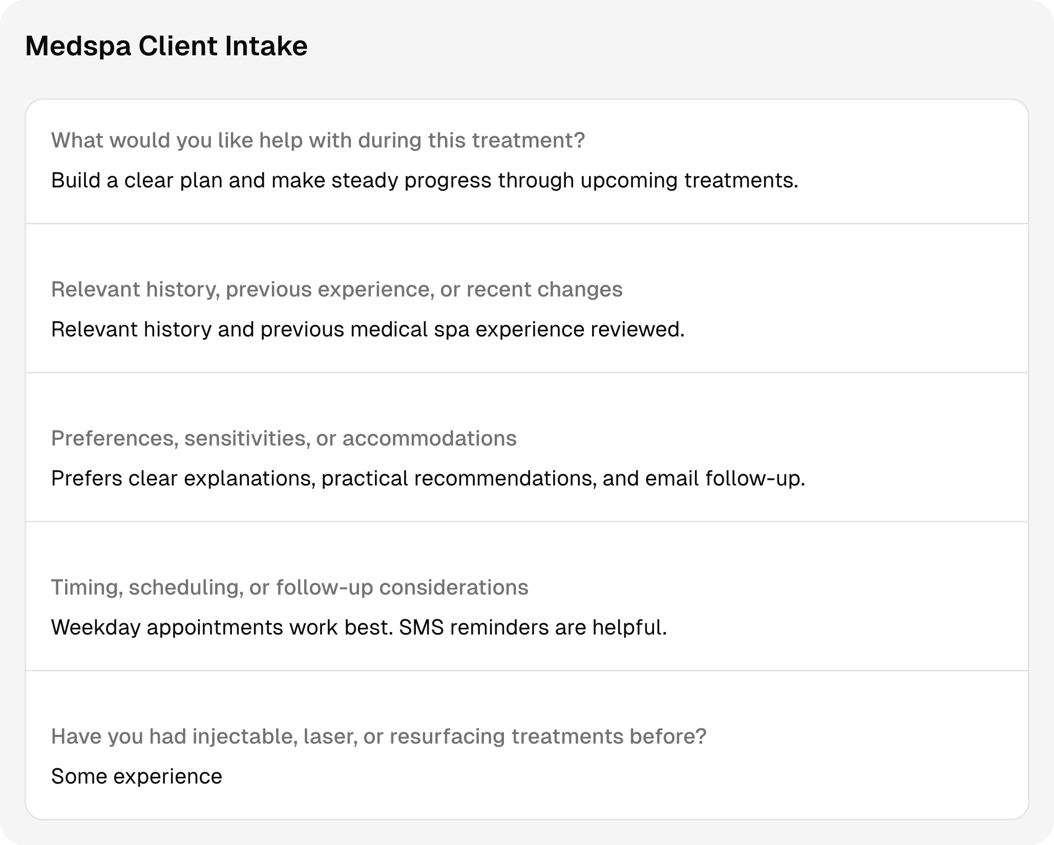 Completed medspa intake questions and answers using sample client information.
