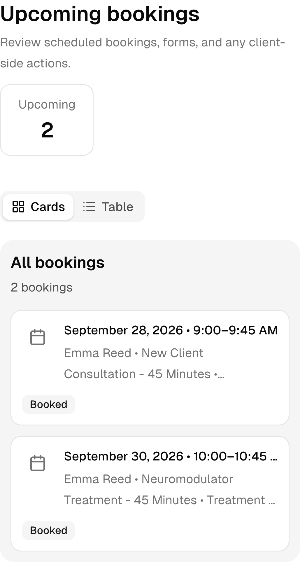 Upcoming medspa bookings in the real mobile client portal.