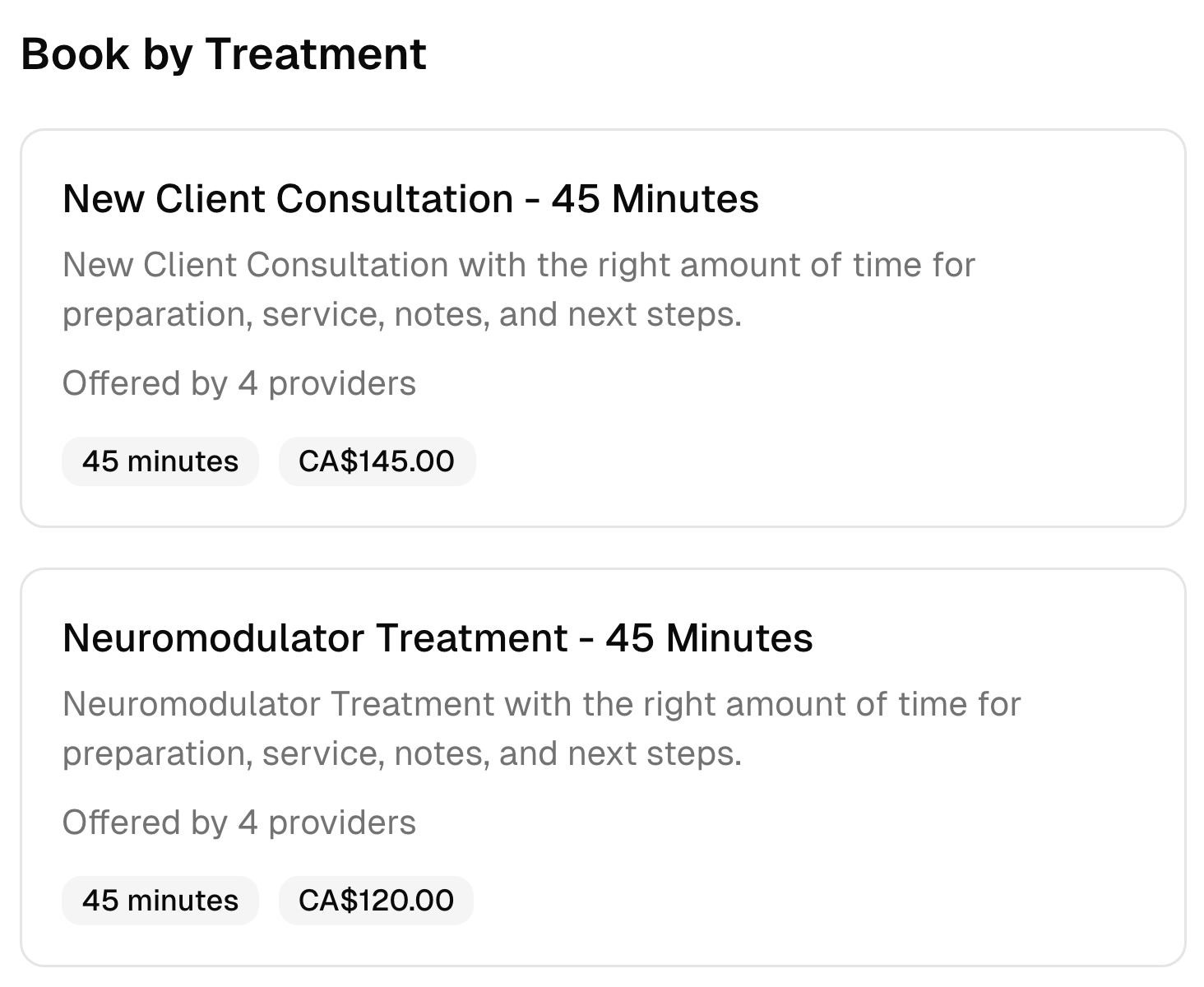 Two medspa booking options with their descriptions, duration, team, and prices.