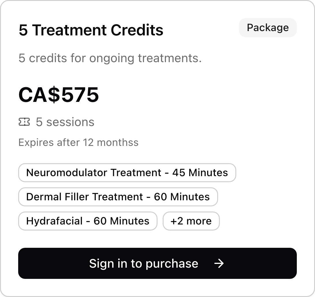 A medspa credit package with price, included services, and purchase link.