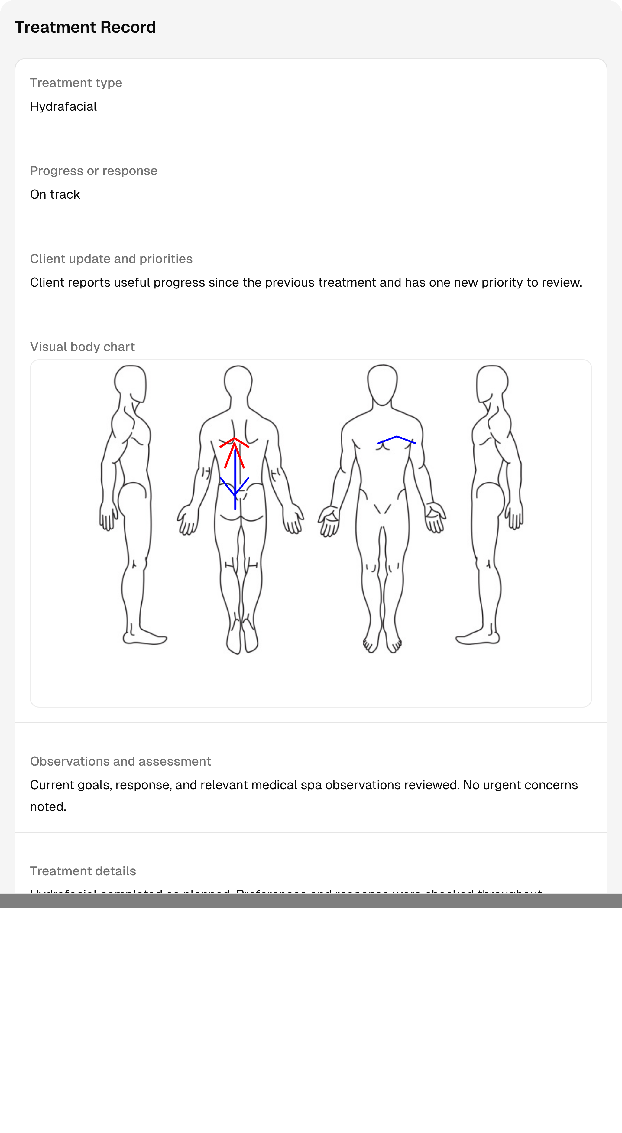 A completed medspa session record with sample notes and follow-up context.