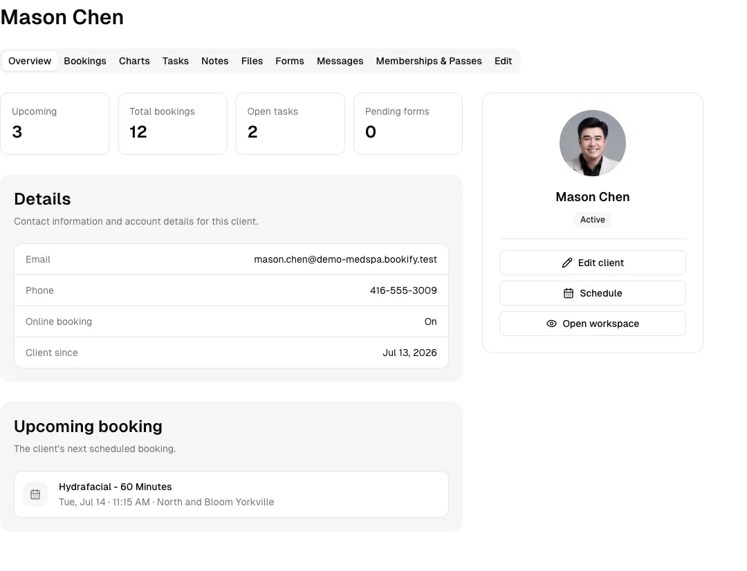 Medspa software showing client profile.