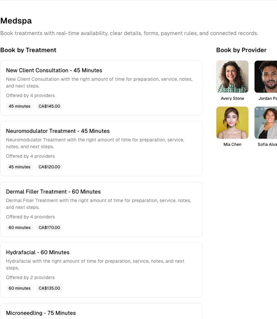Medspa software showing online booking.