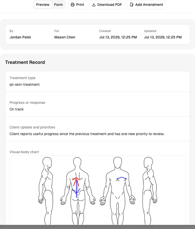 Medspa software showing record.