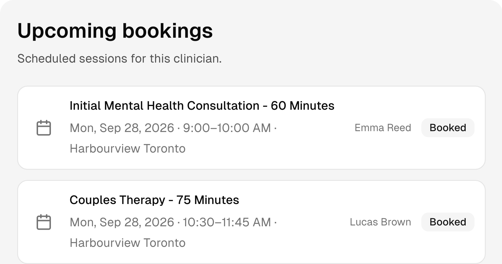 Upcoming mental health bookings with services, times, and status.