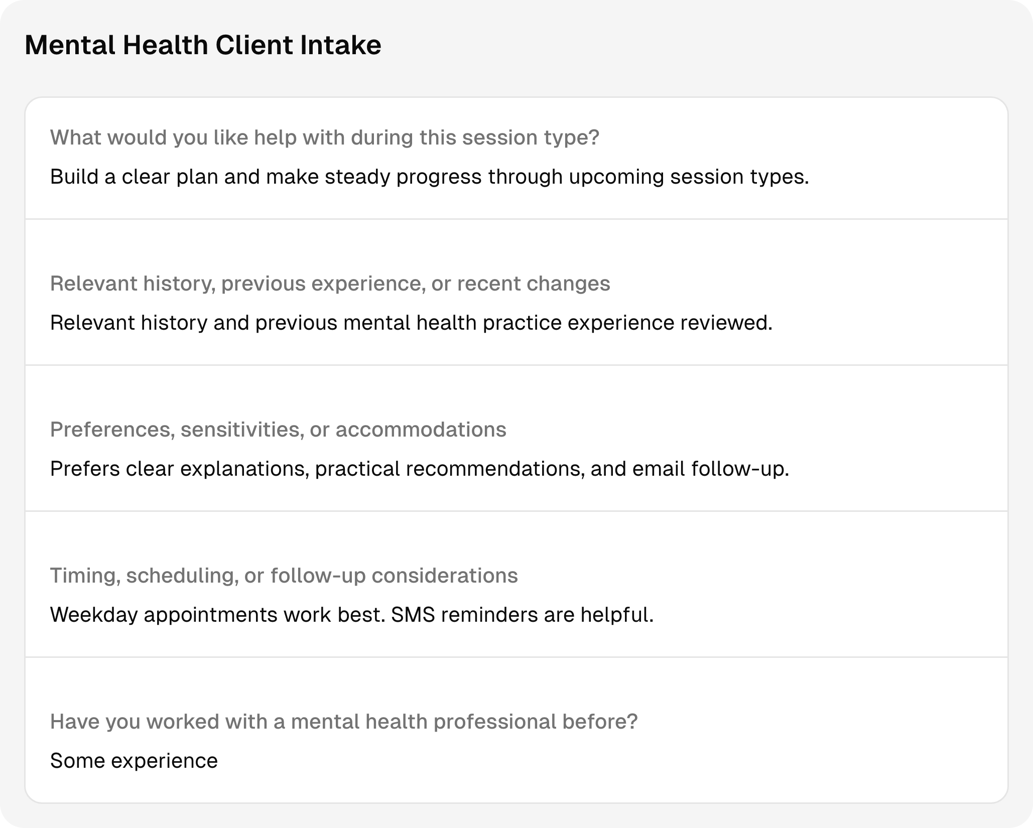 Completed mental health intake questions and answers using sample client information.