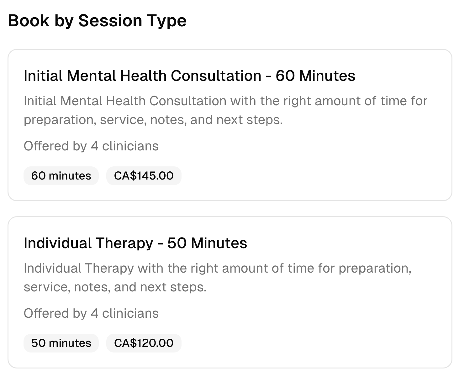 Two mental health booking options with their descriptions, duration, team, and prices.