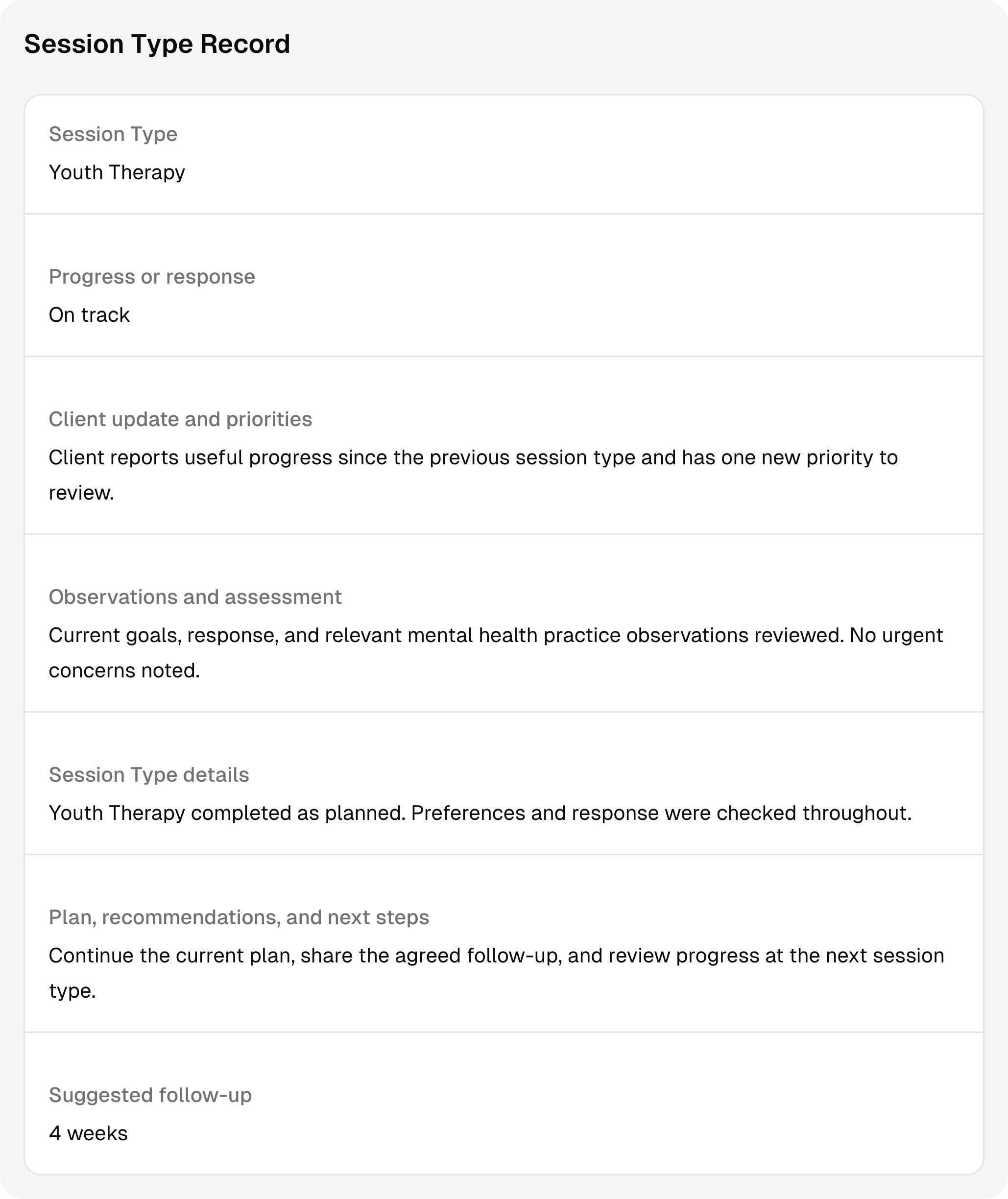 A completed mental health session record with sample notes and follow-up context.