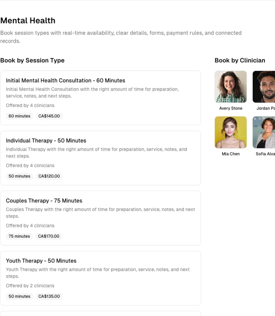 Mental Health software showing online booking.