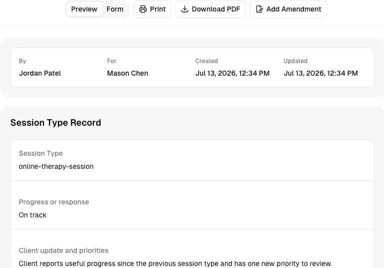 Mental Health software showing record.