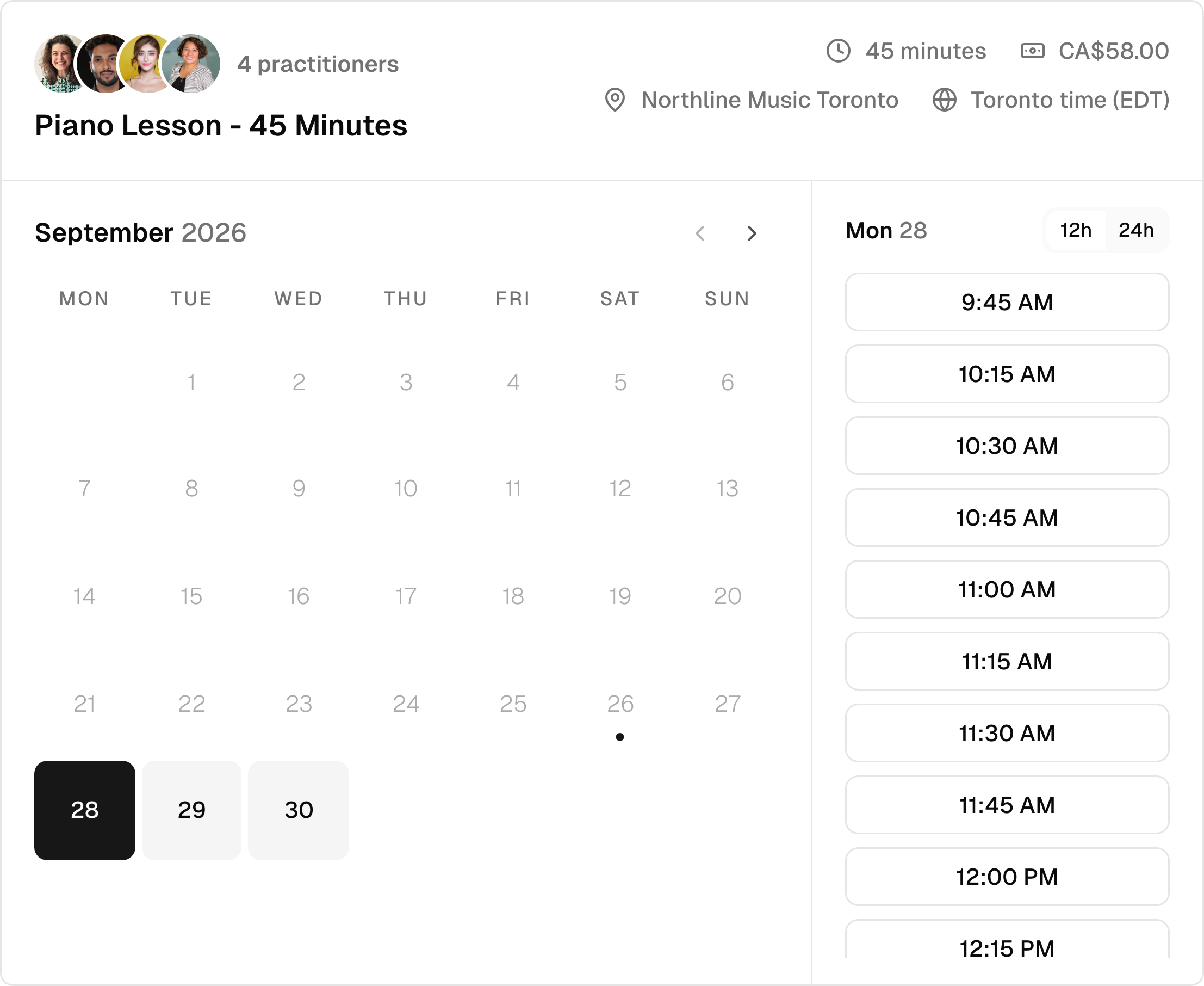 Monthly music school booking calendar with a selected date and available times.