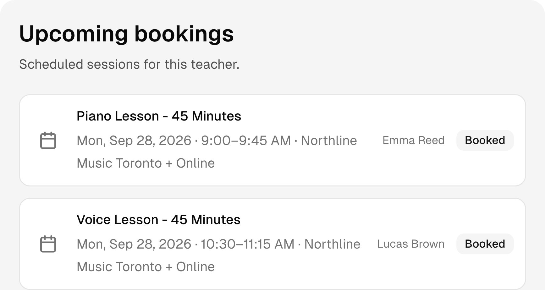 Upcoming music school bookings with services, times, and status.