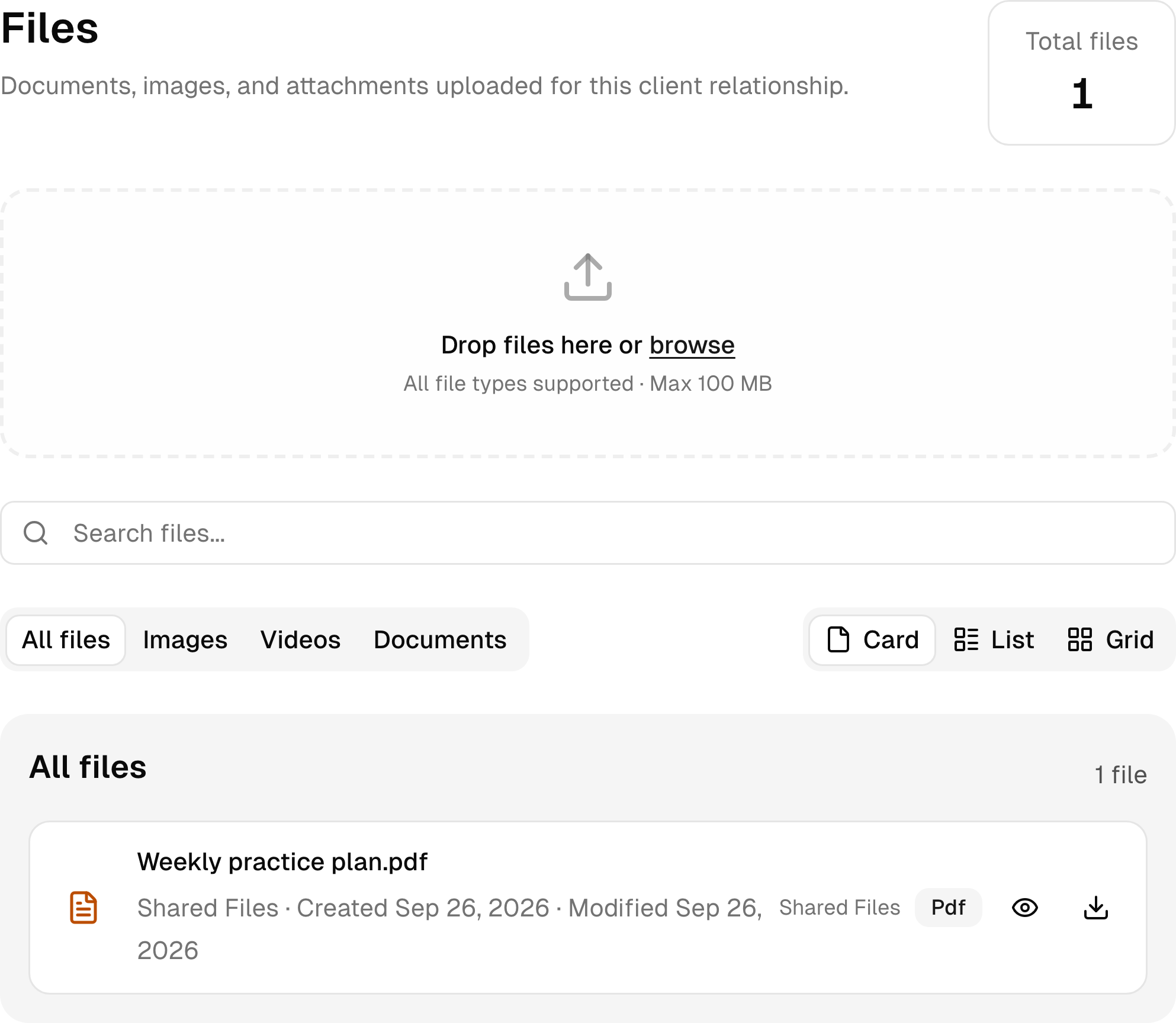 Documents and shared files in a sample music school client workspace.