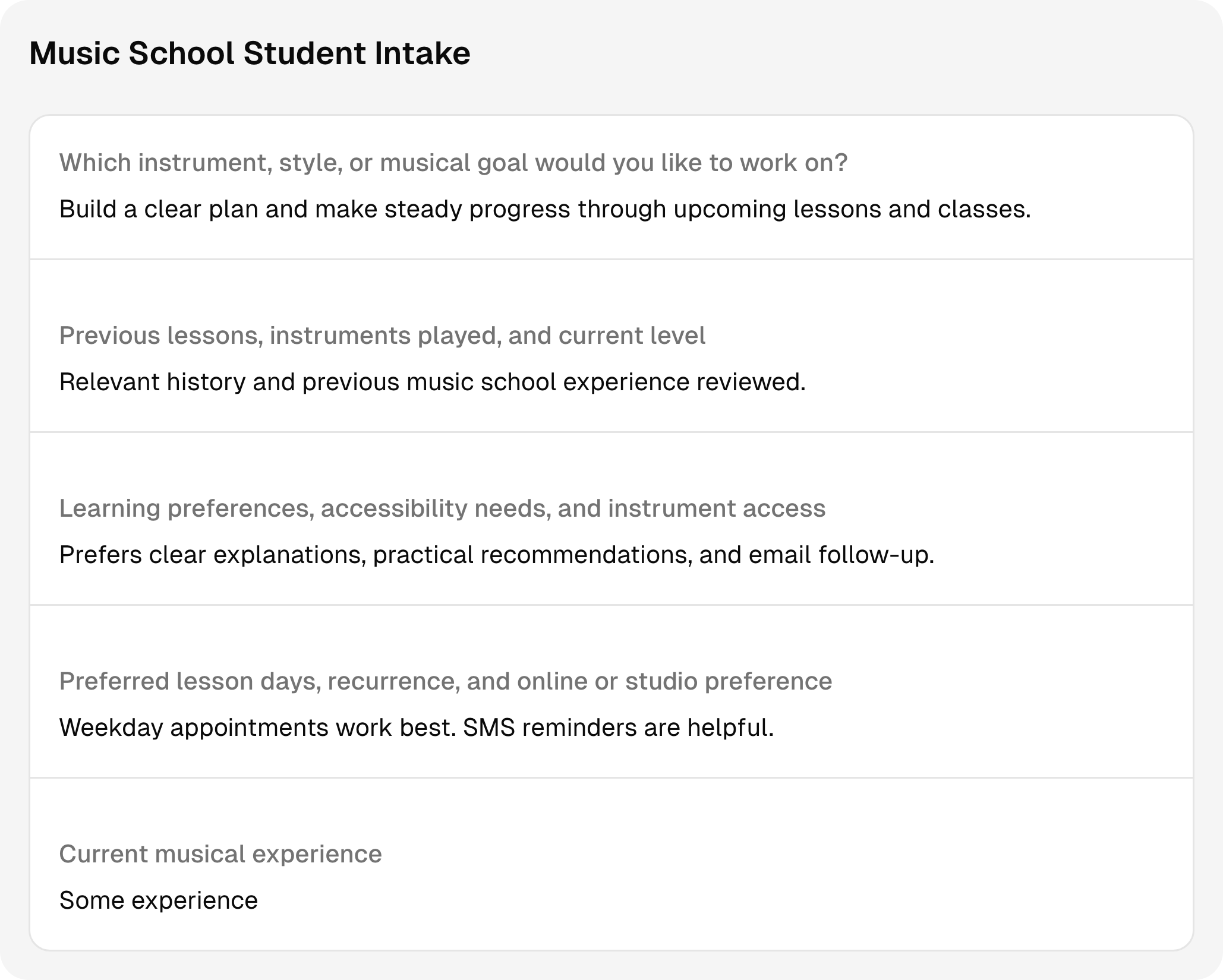 Completed music school intake questions and answers using sample client information.