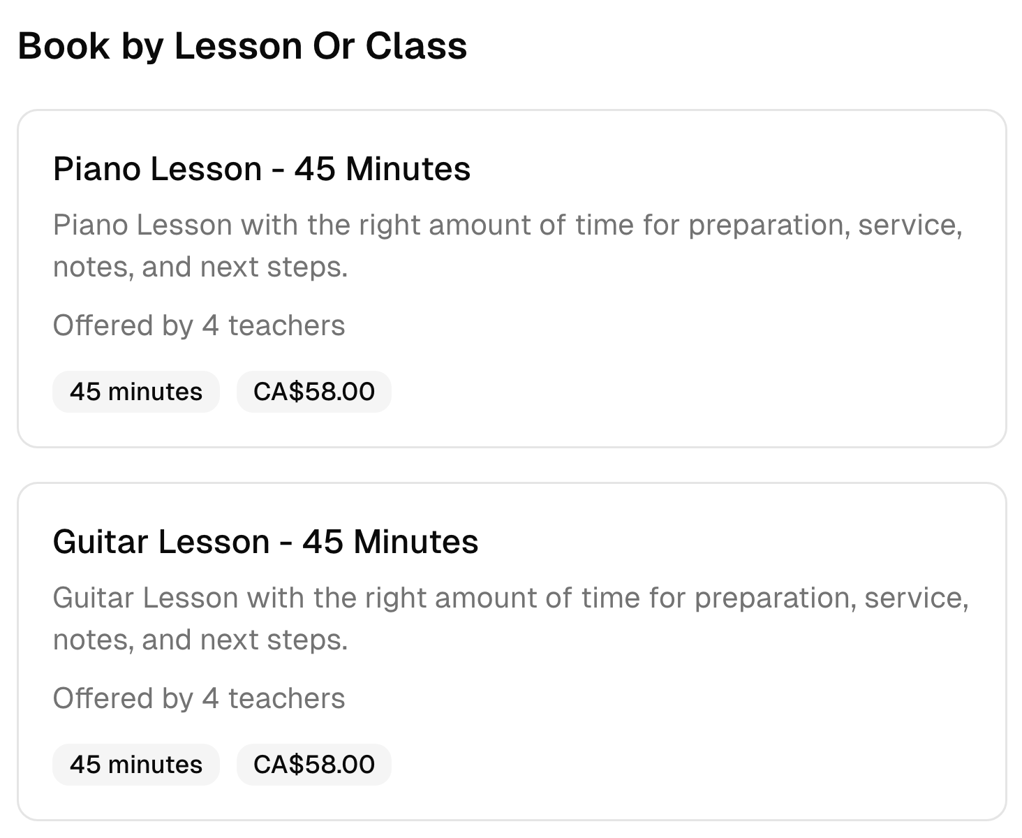 Two music school booking options with their descriptions, duration, team, and prices.