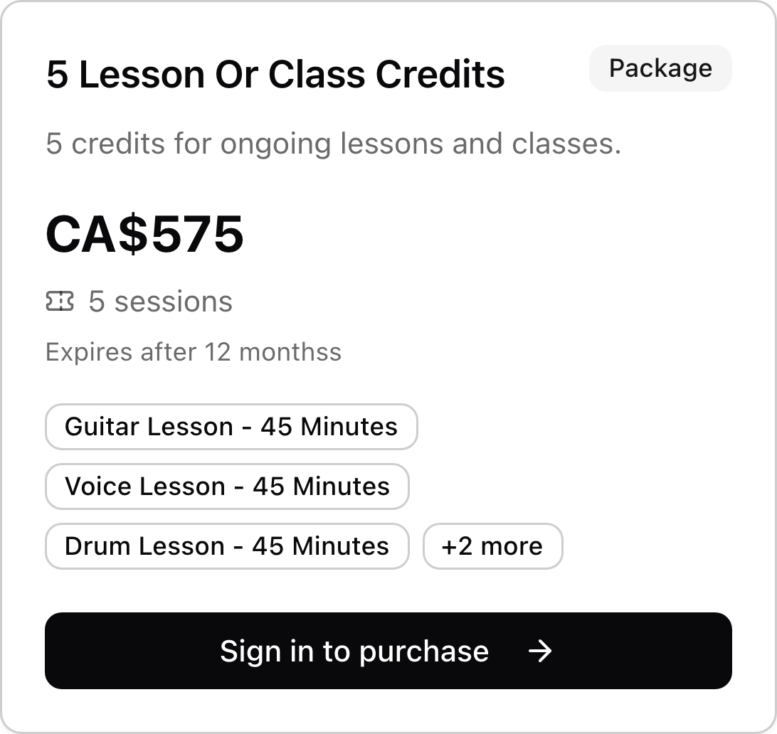 A music school credit package with price, included services, and purchase link.