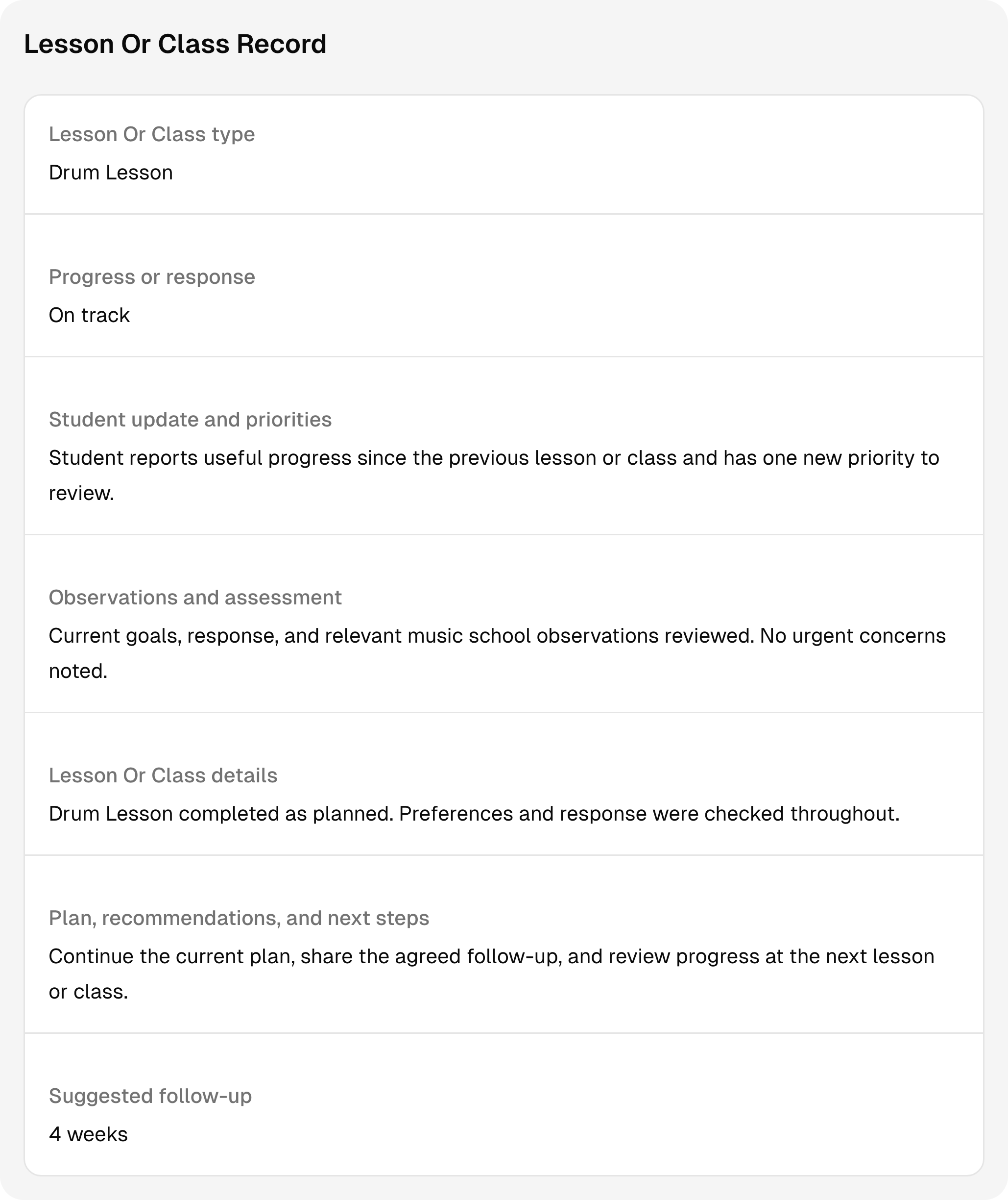 A completed music school session record with sample notes and follow-up context.