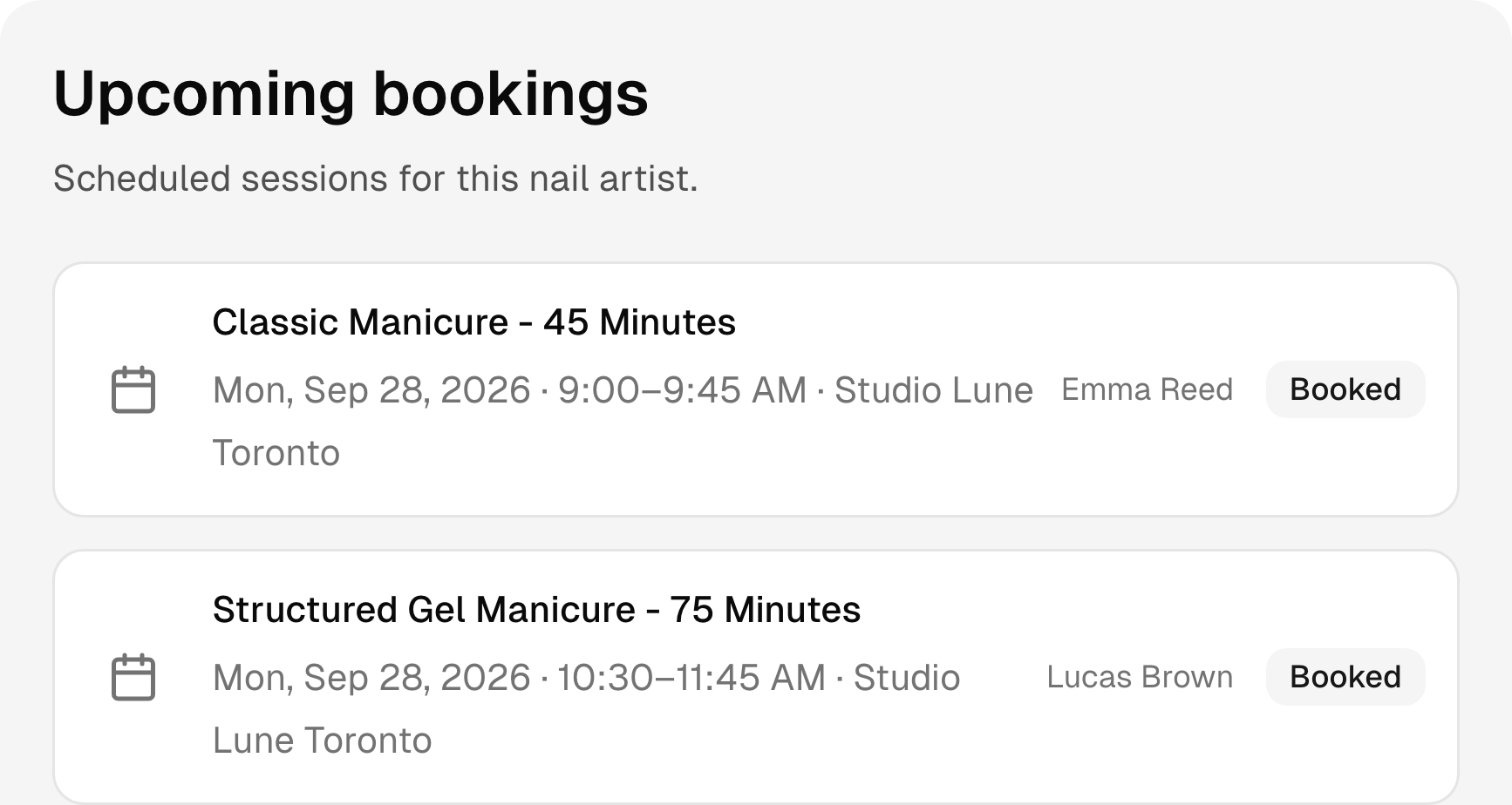 Upcoming nail salon bookings with services, times, and status.