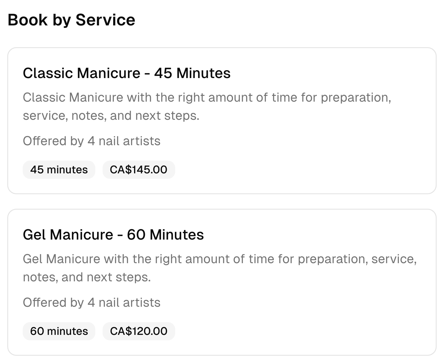 Two nail salon booking options with their descriptions, duration, team, and prices.