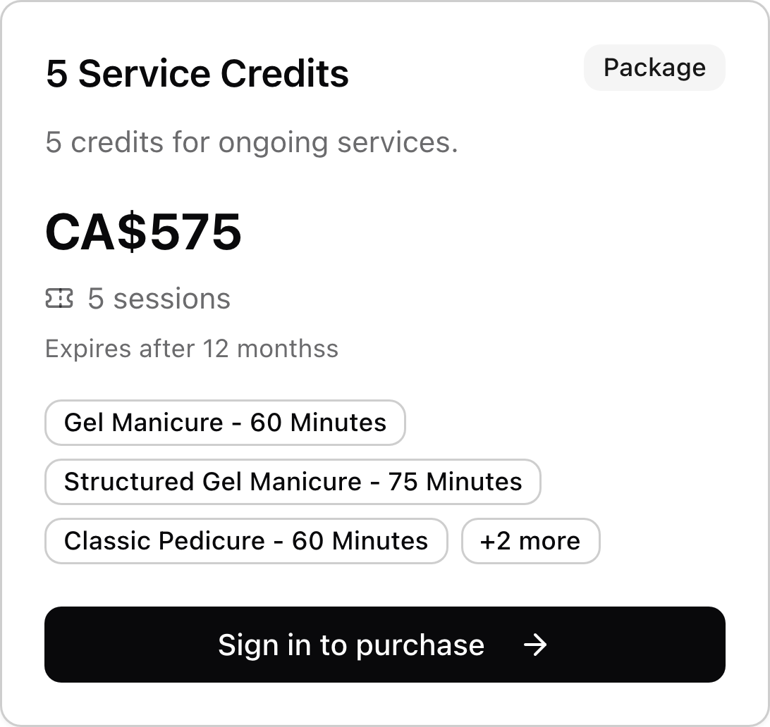 A nail salon credit package with price, included services, and purchase link.