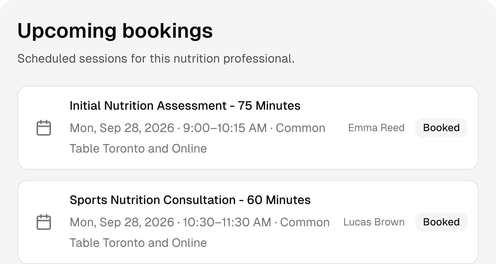 Upcoming nutrition coaching bookings with services, times, and status.