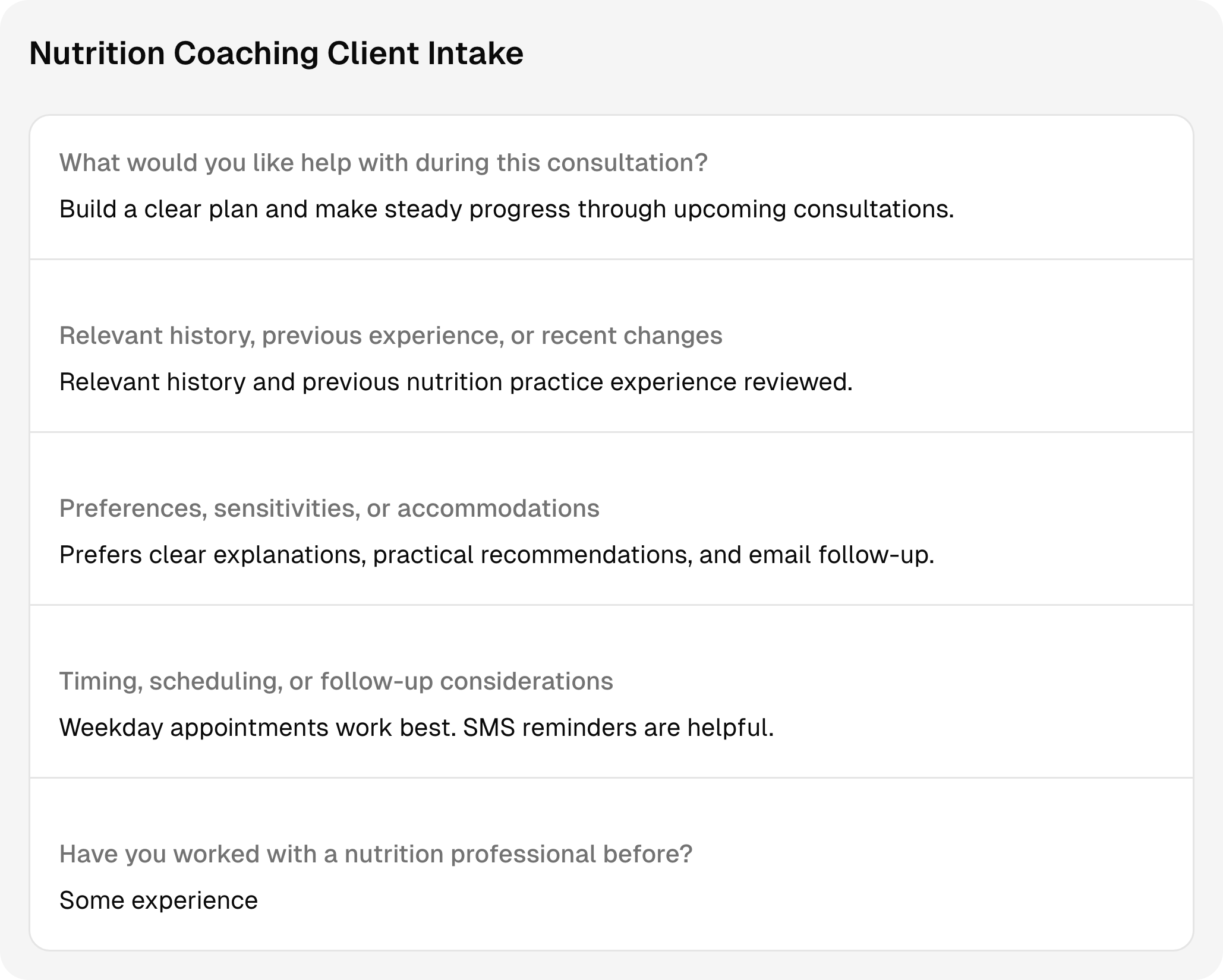 Completed nutrition coaching intake questions and answers using sample client information.