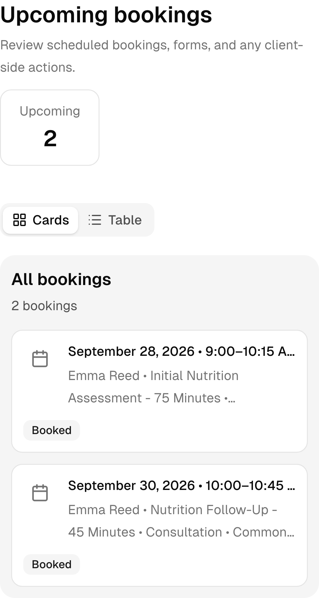 Upcoming nutrition coaching bookings in the real mobile client portal.