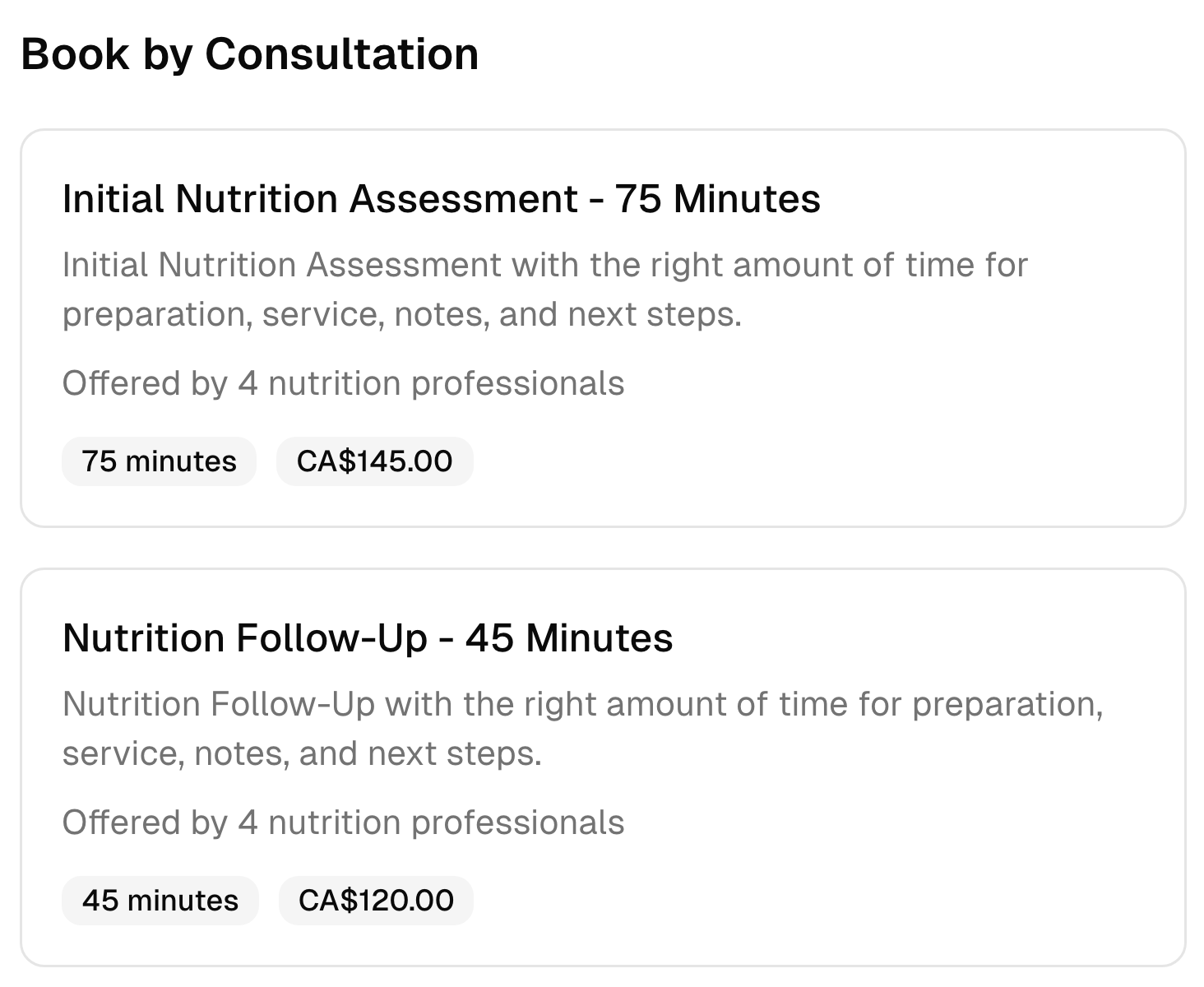 Two nutrition coaching booking options with their descriptions, duration, team, and prices.