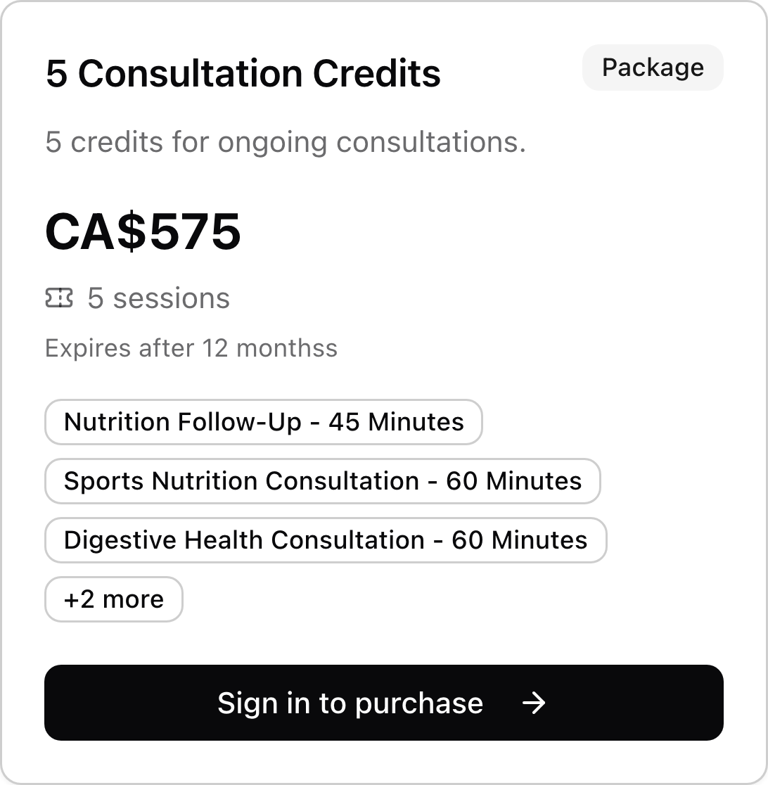 A nutrition coaching credit package with price, included services, and purchase link.