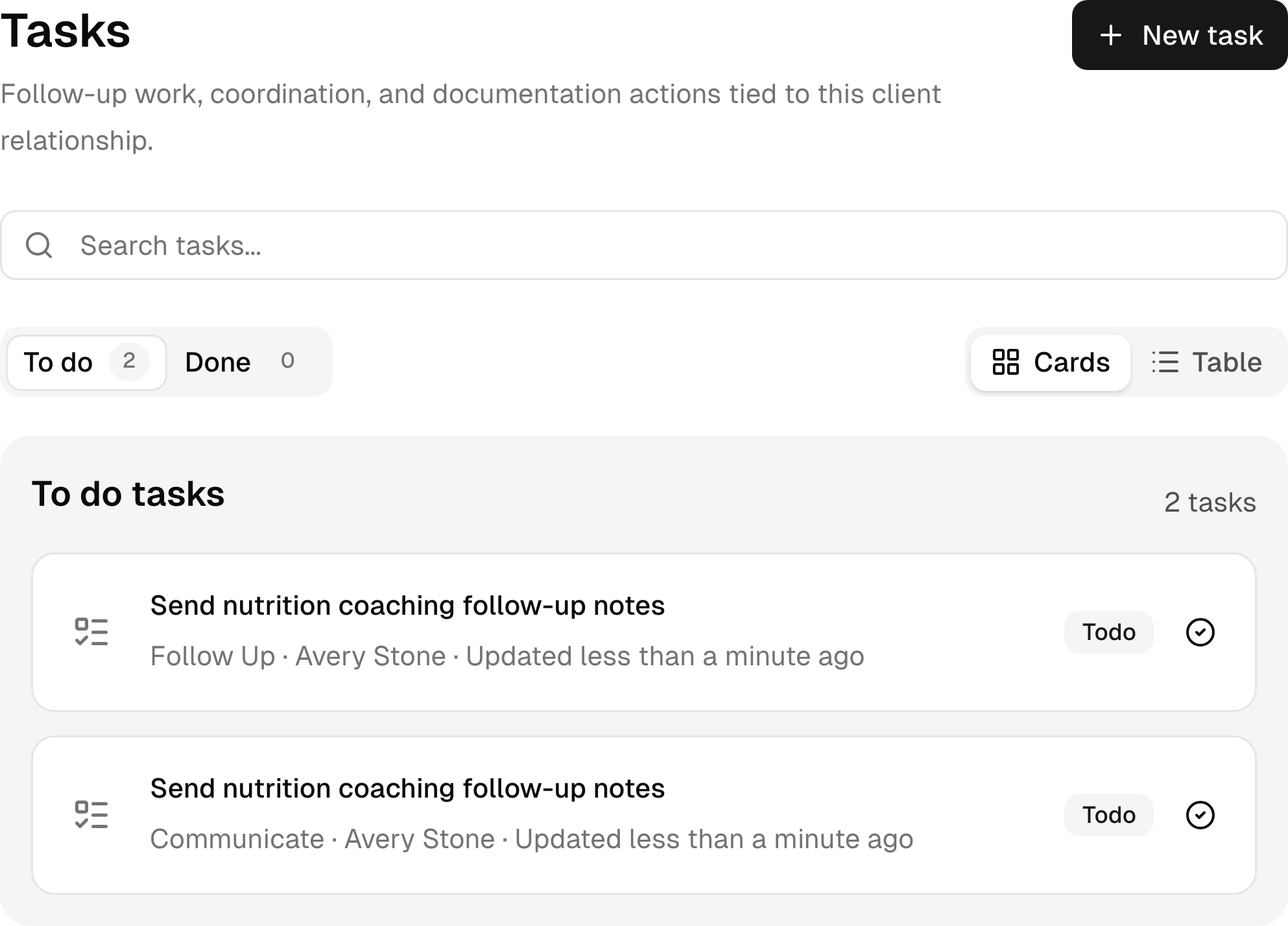 Follow-up tasks connected to a sample nutrition coaching client.