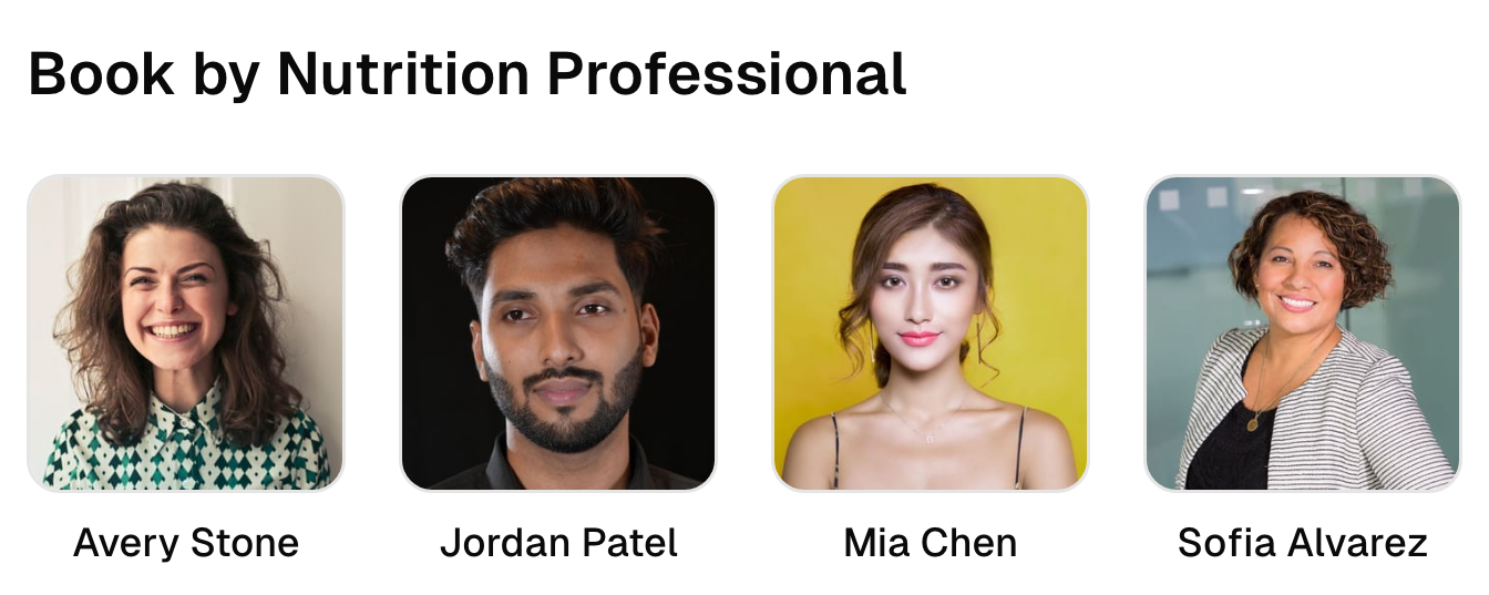 Four team profiles on the nutrition coaching booking page.