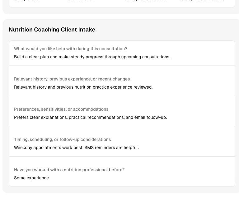 Nutrition Coaching software showing form.