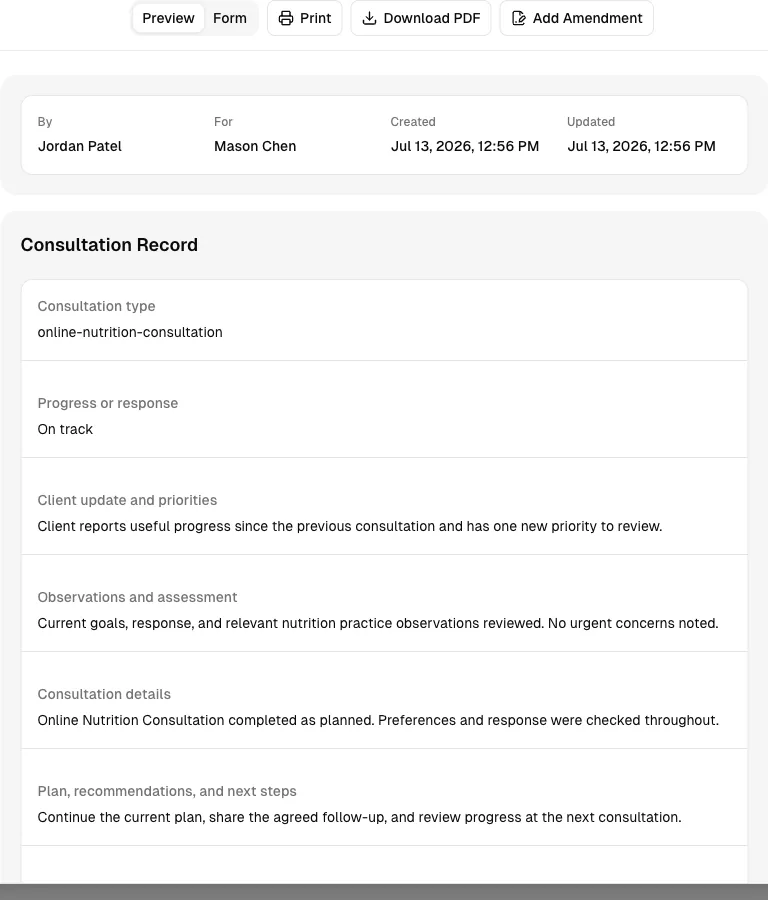 Nutrition Coaching software showing record.