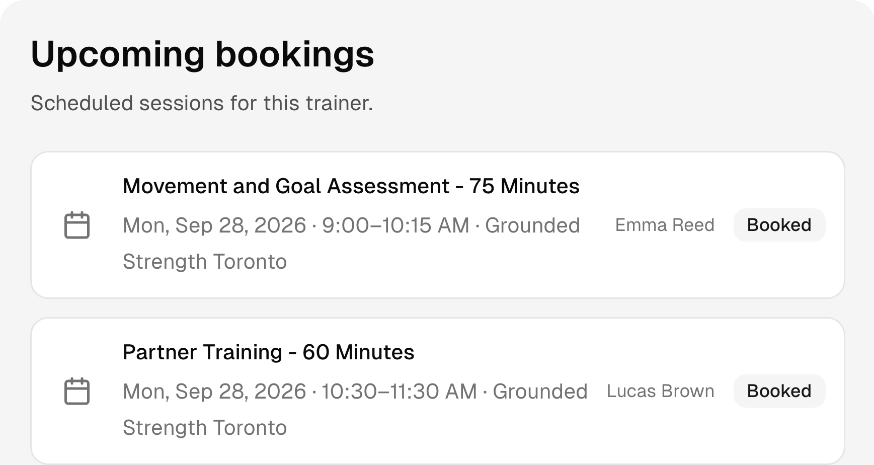 Upcoming personal trainer bookings with services, times, and status.