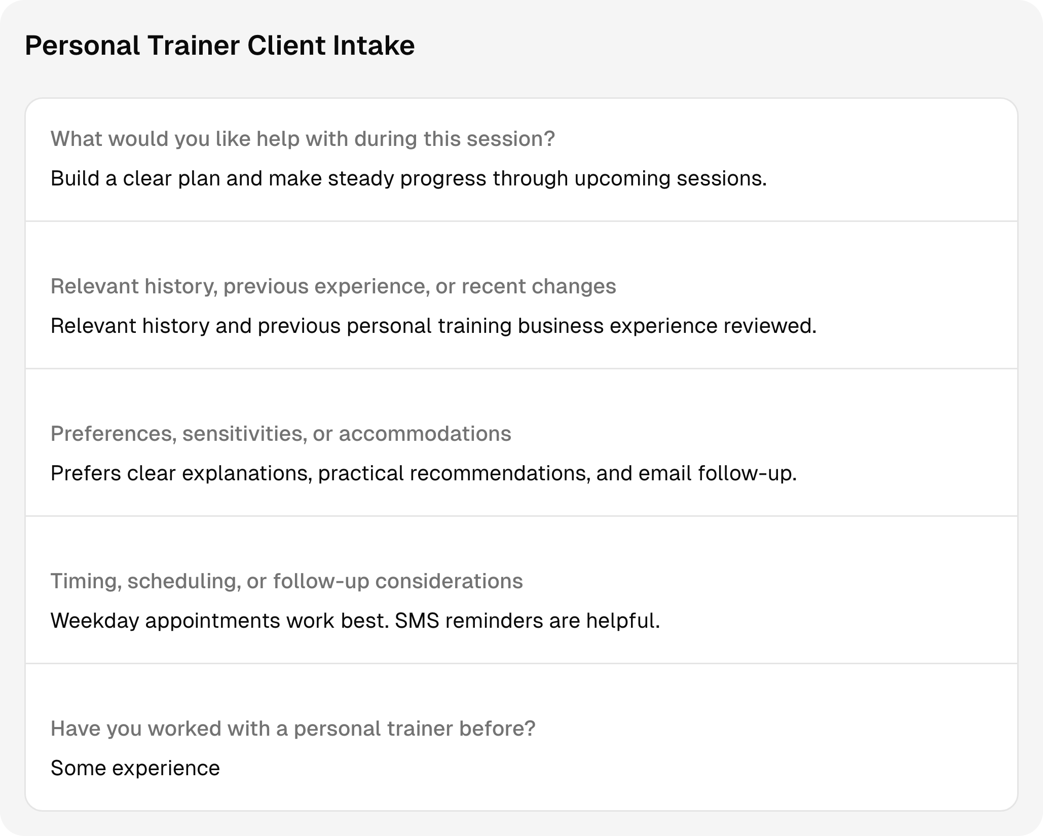 Completed personal trainer intake questions and answers using sample client information.