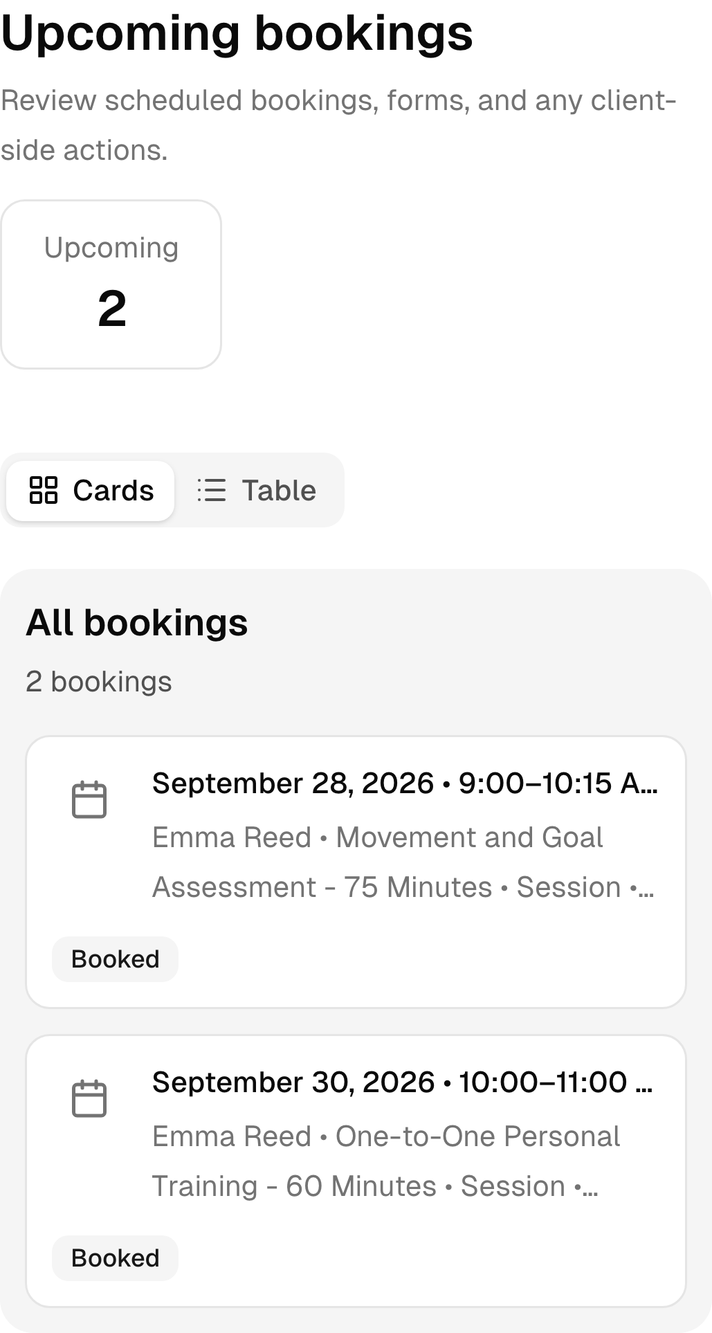Upcoming personal trainer bookings in the real mobile client portal.