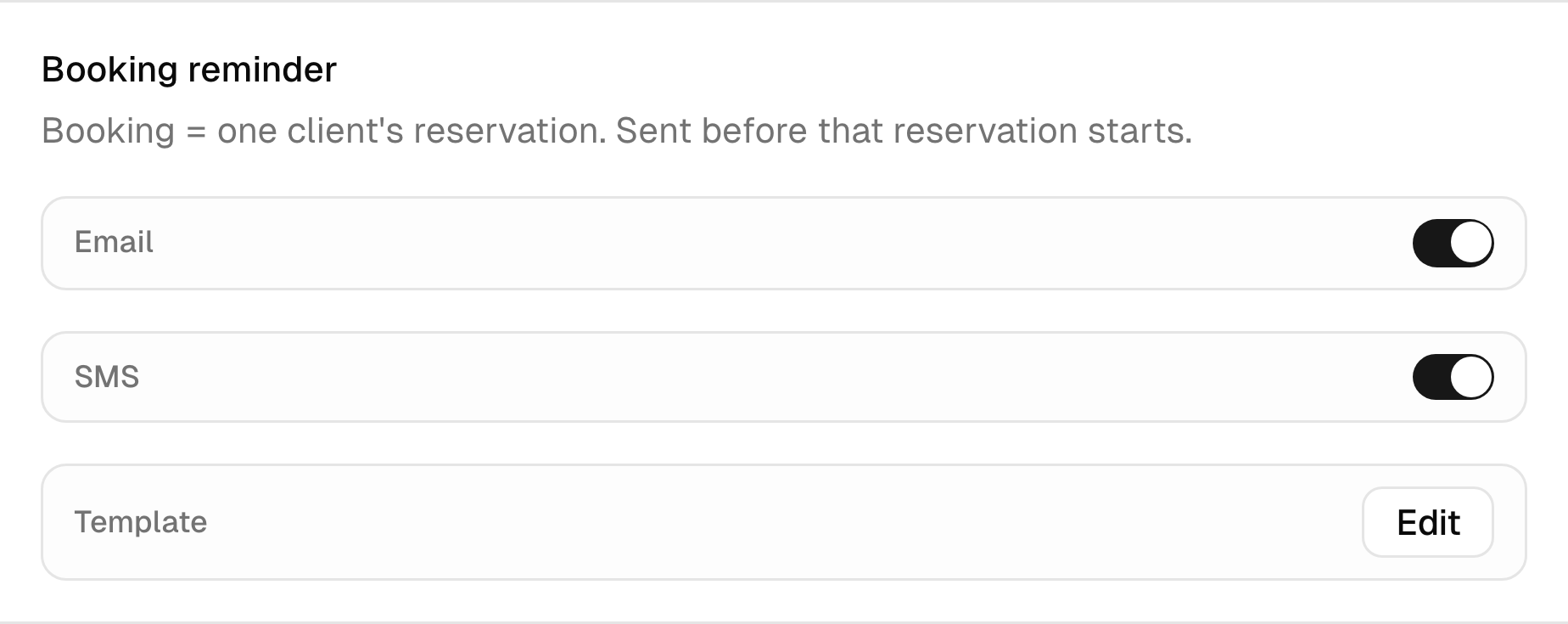 Email and SMS booking reminder settings.