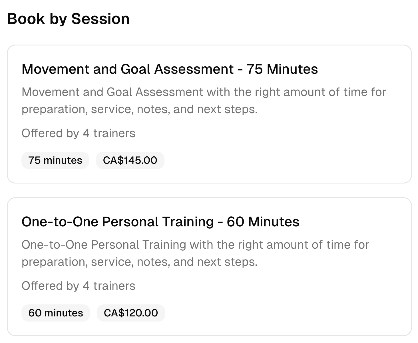 Two personal trainer booking options with their descriptions, duration, team, and prices.