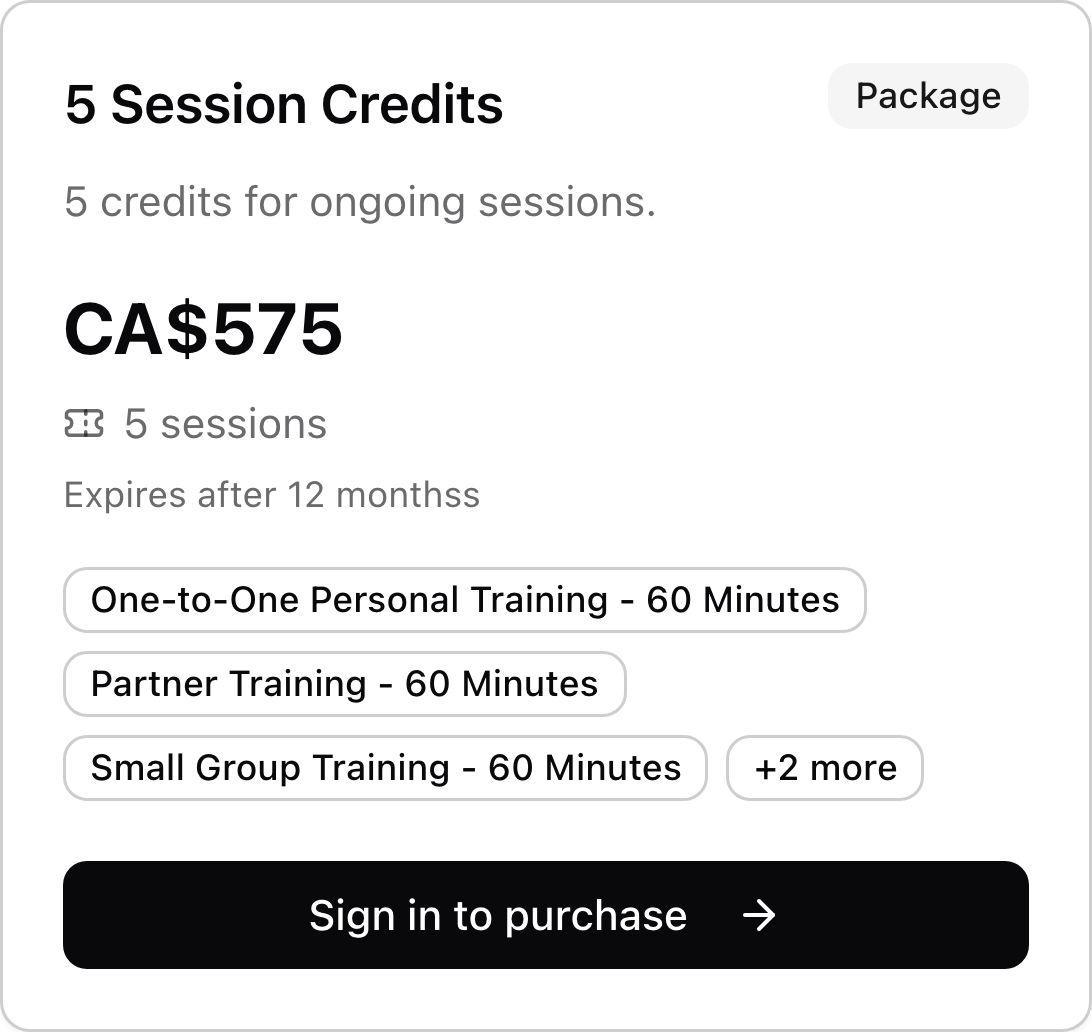 A personal trainer credit package with price, included services, and purchase link.