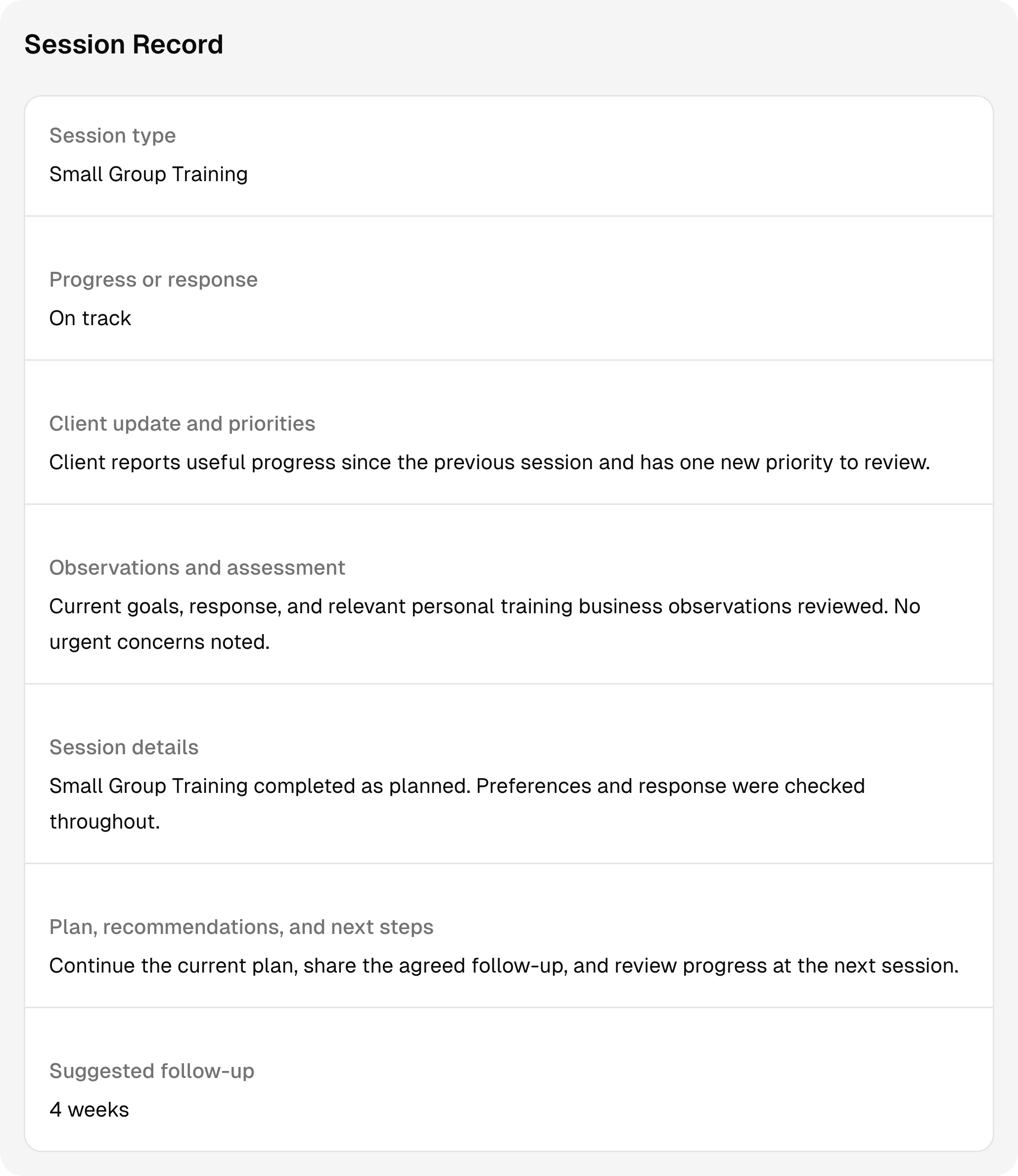 A completed personal trainer session record with sample notes and follow-up context.
