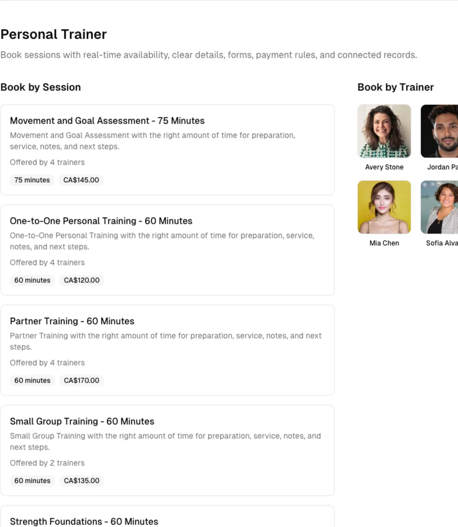 Personal Trainer software showing online booking.