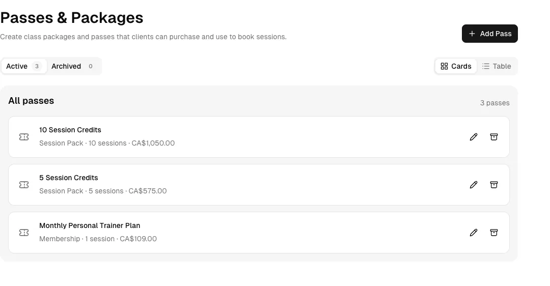 Personal Trainer software showing packages.