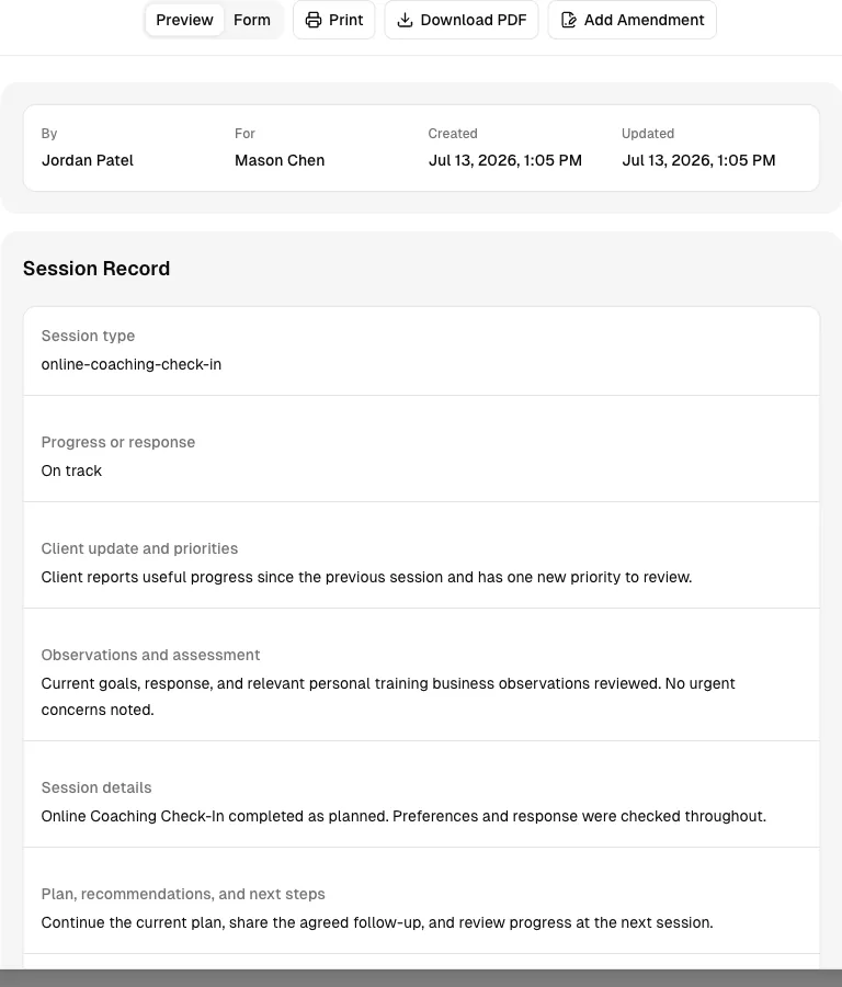 Personal Trainer software showing record.