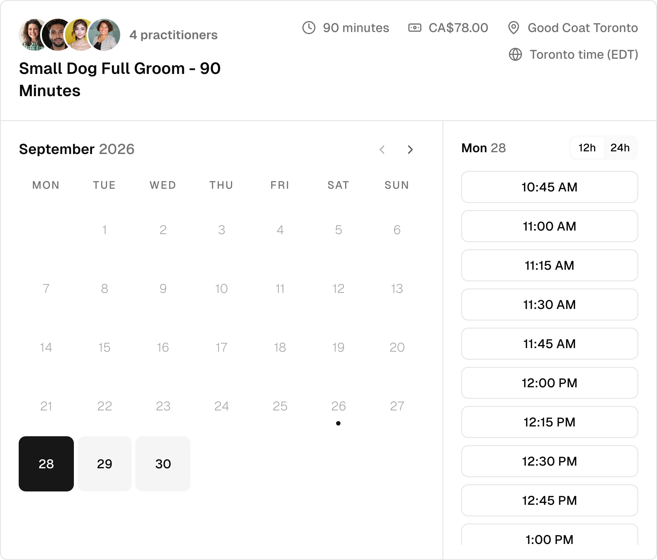 Monthly pet grooming booking calendar with a selected date and available times.