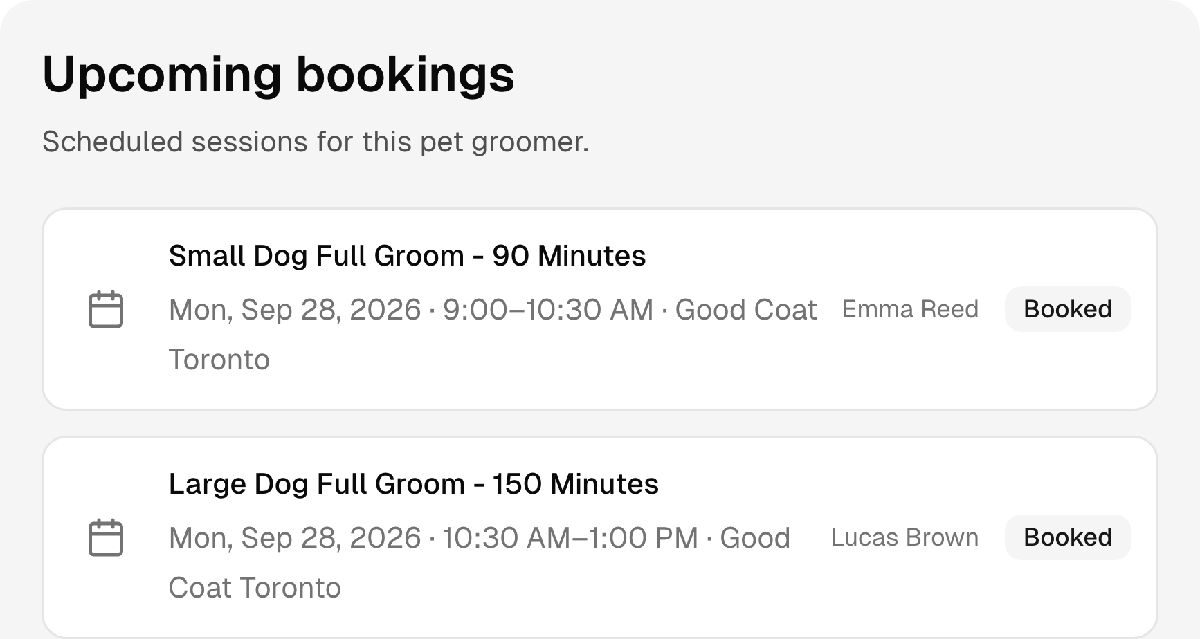 Upcoming pet grooming bookings with services, times, and status.
